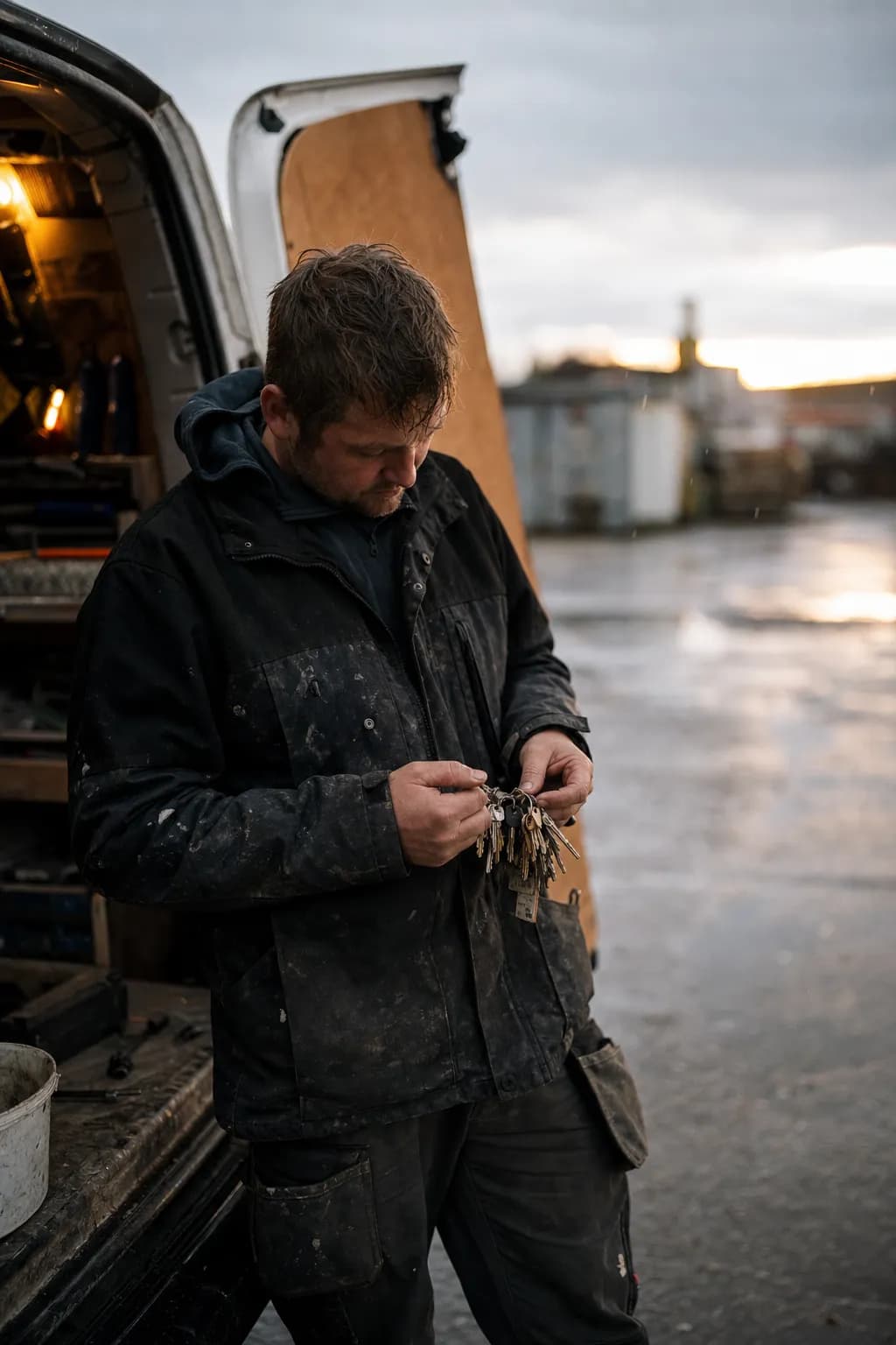 A tradesperson looking for the right key at the back of the van in the afternoon rain.