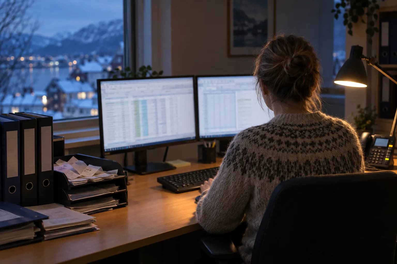 En bogholder ved to skærme og en bunke bilag en vintereftermiddag, med bordtelefonen ved siden af tastaturet