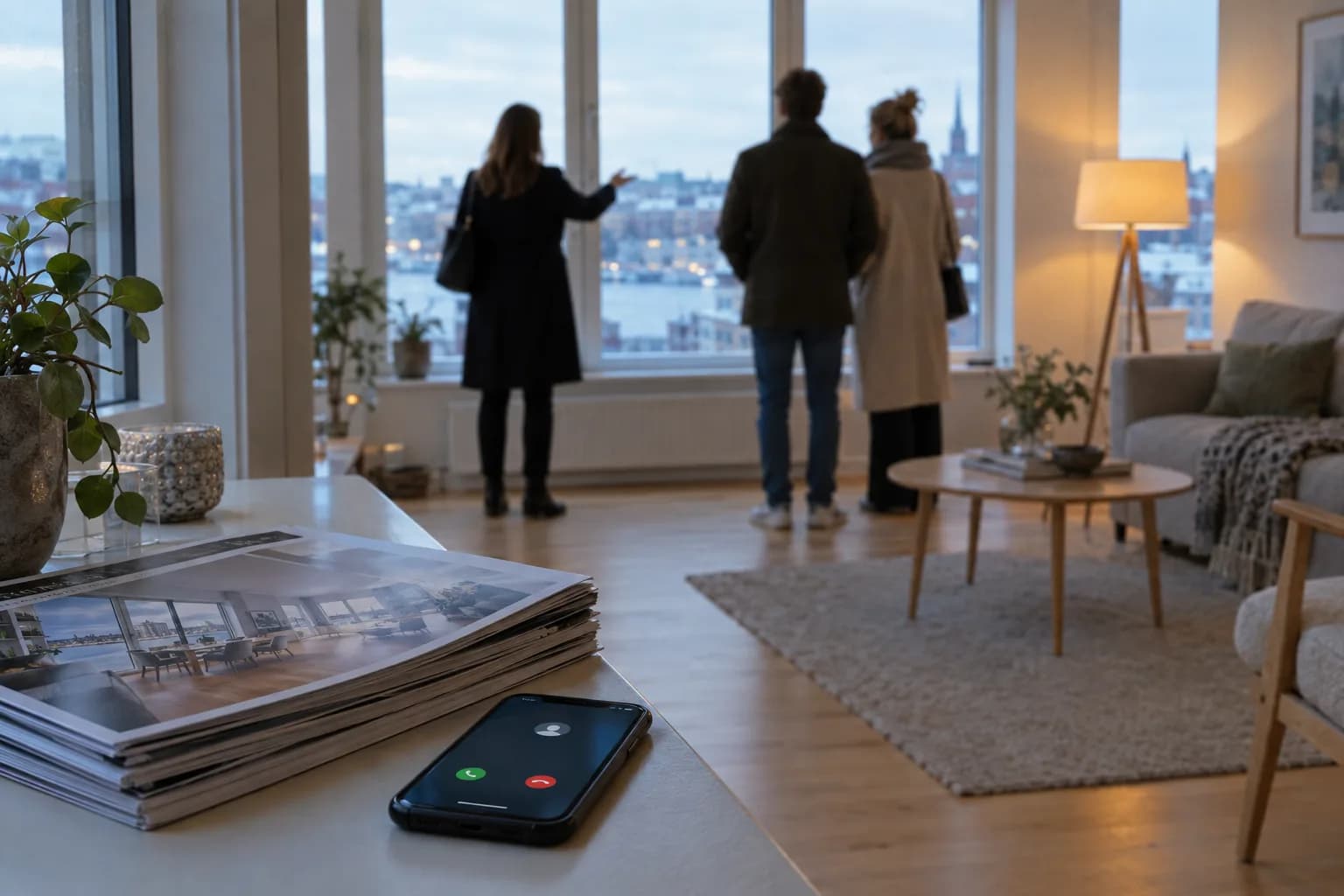 An agent shows a bright flat to a couple by the window, while a phone rings on the table next to the sales prospectuses