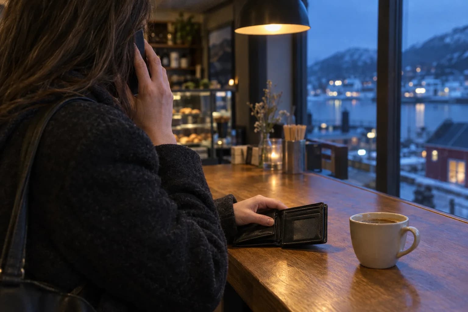 En kvinde ved en caféskranke ringer med tegnebogen åben foran sig og en tom kortlomme