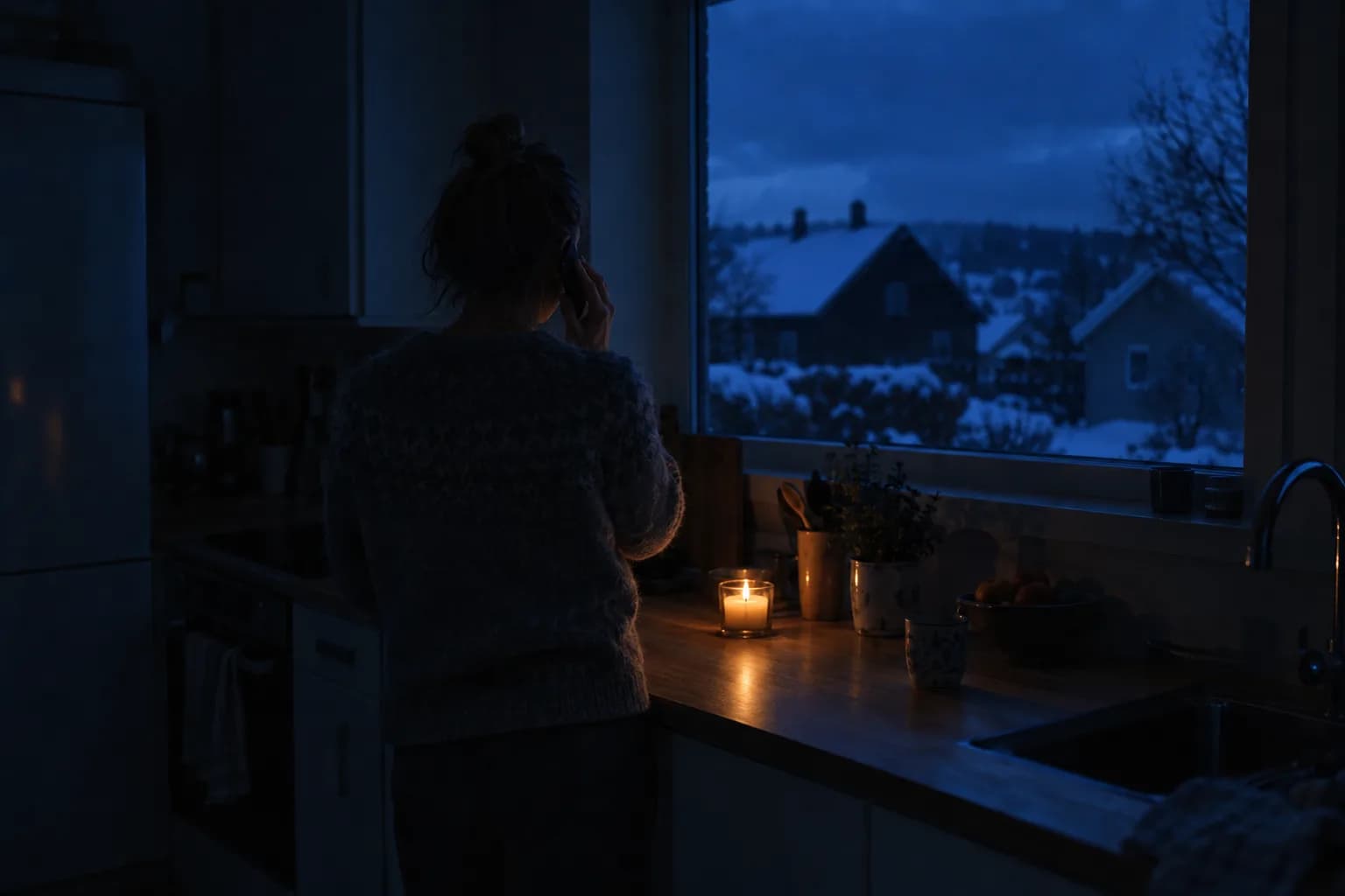 En person ringer fra et mørkt køkken under et strømafbrud, med et stearinlys som eneste lys og mørke nabohuse udenfor