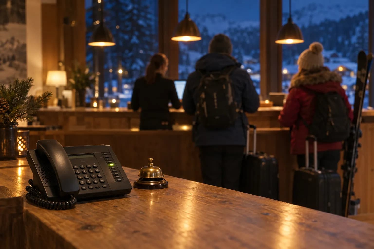 Gjester med kofferter og ski sjekker inn i resepsjonen på et fjellhotell en vinterkveld, mens bordtelefonen står klar på disken