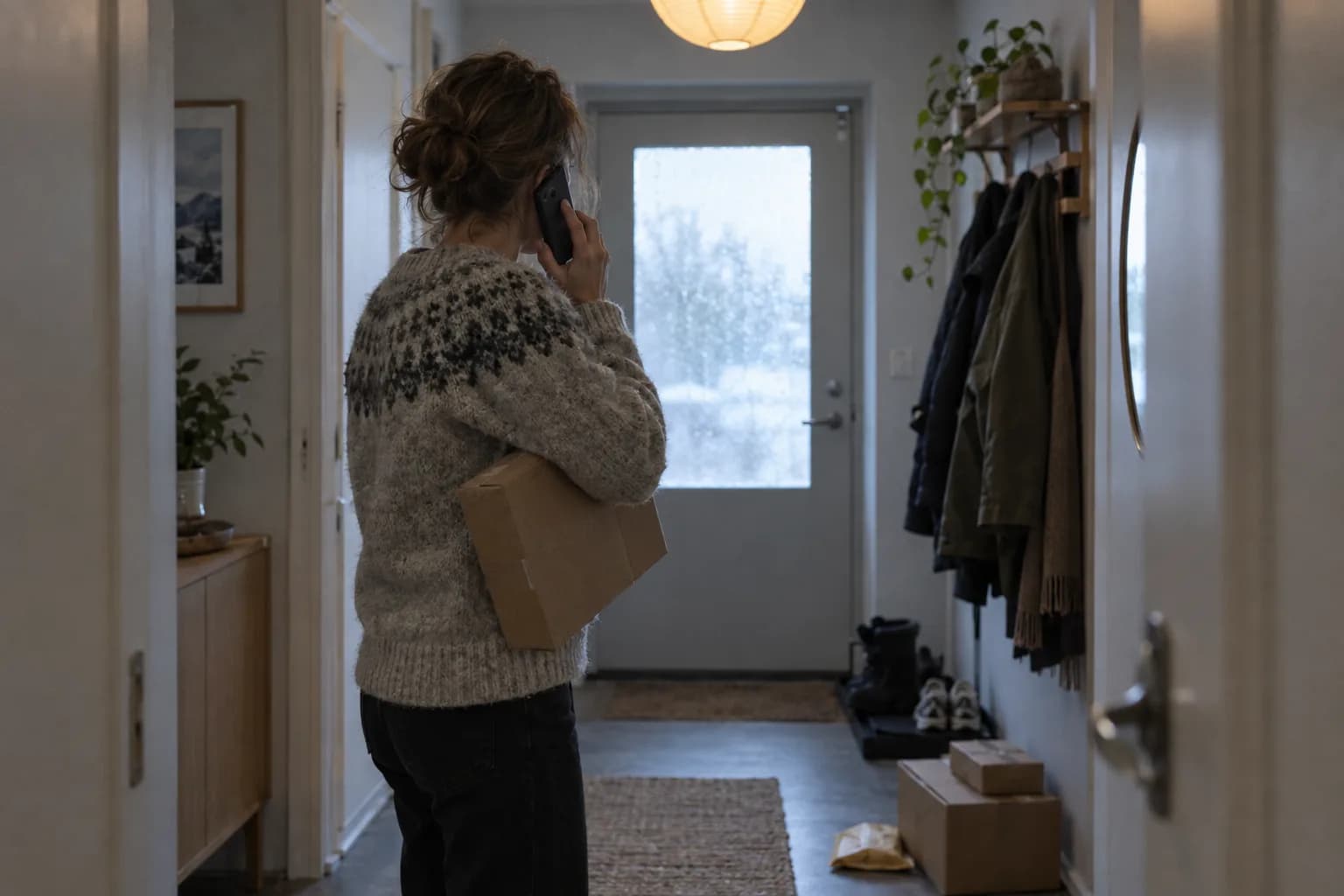 En kunde står i entréen med en pakke under armen og telefonen for øret