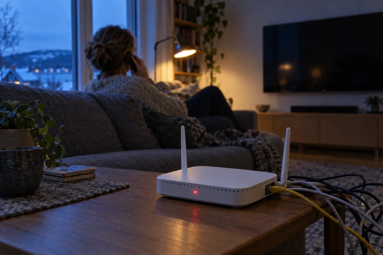 En person i sofaen ringer, mens routeren på sofabordet lyser rødt