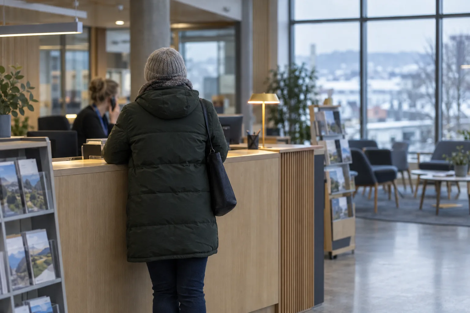 En borger står ved skranken i en kommunal borgerservice, mens en medarbejder taler i telefon bag disken