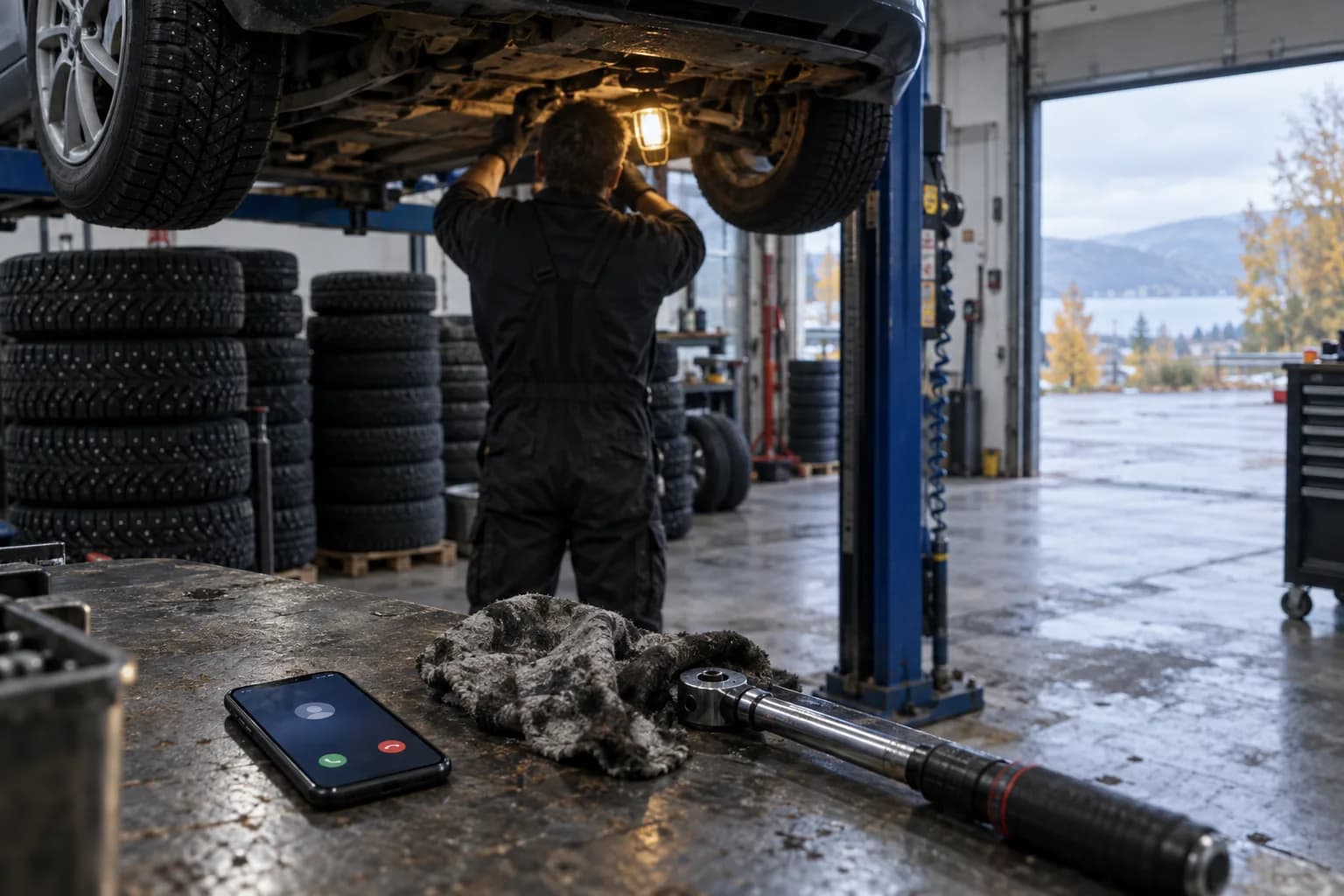 En mekaniker jobber under en bil på løftebukken i dekksesongen, mens en mobil med innkommende anrop ligger på arbeidsbenken