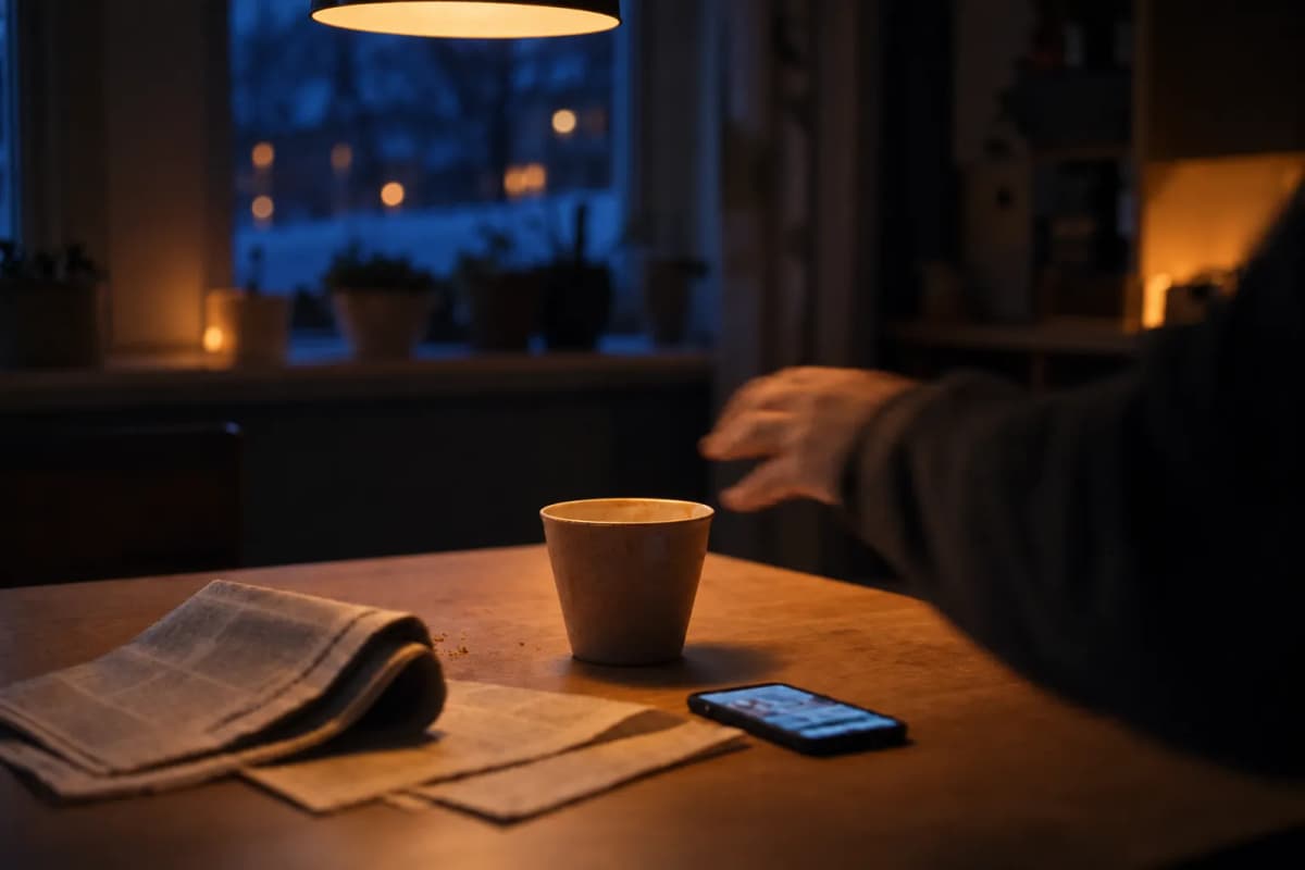 Leser med en avis og en telefon på et kjøkkenbord om morgenen