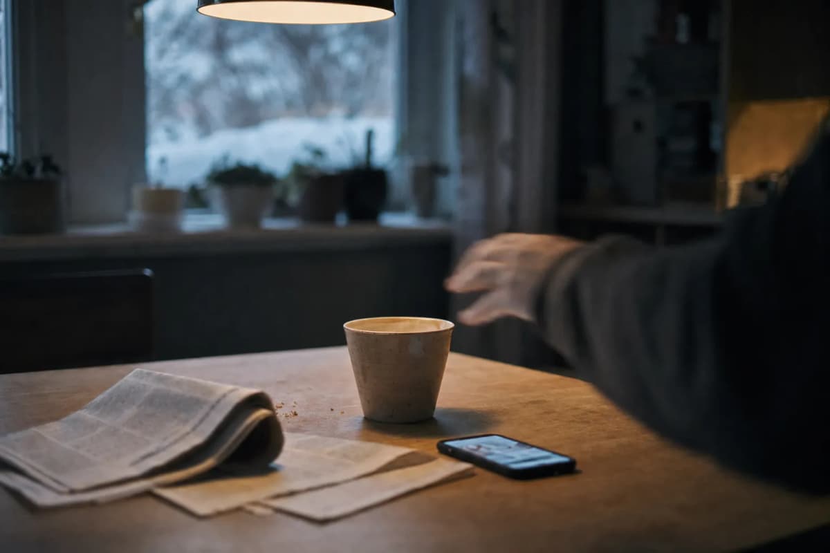 Læser med en avis og en telefon ved et køkkenbord om morgenen