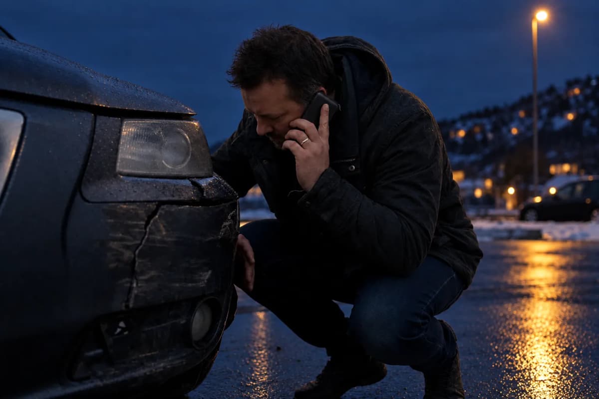 Bilfører står ved en bulket støtfanger med telefonen mot øret