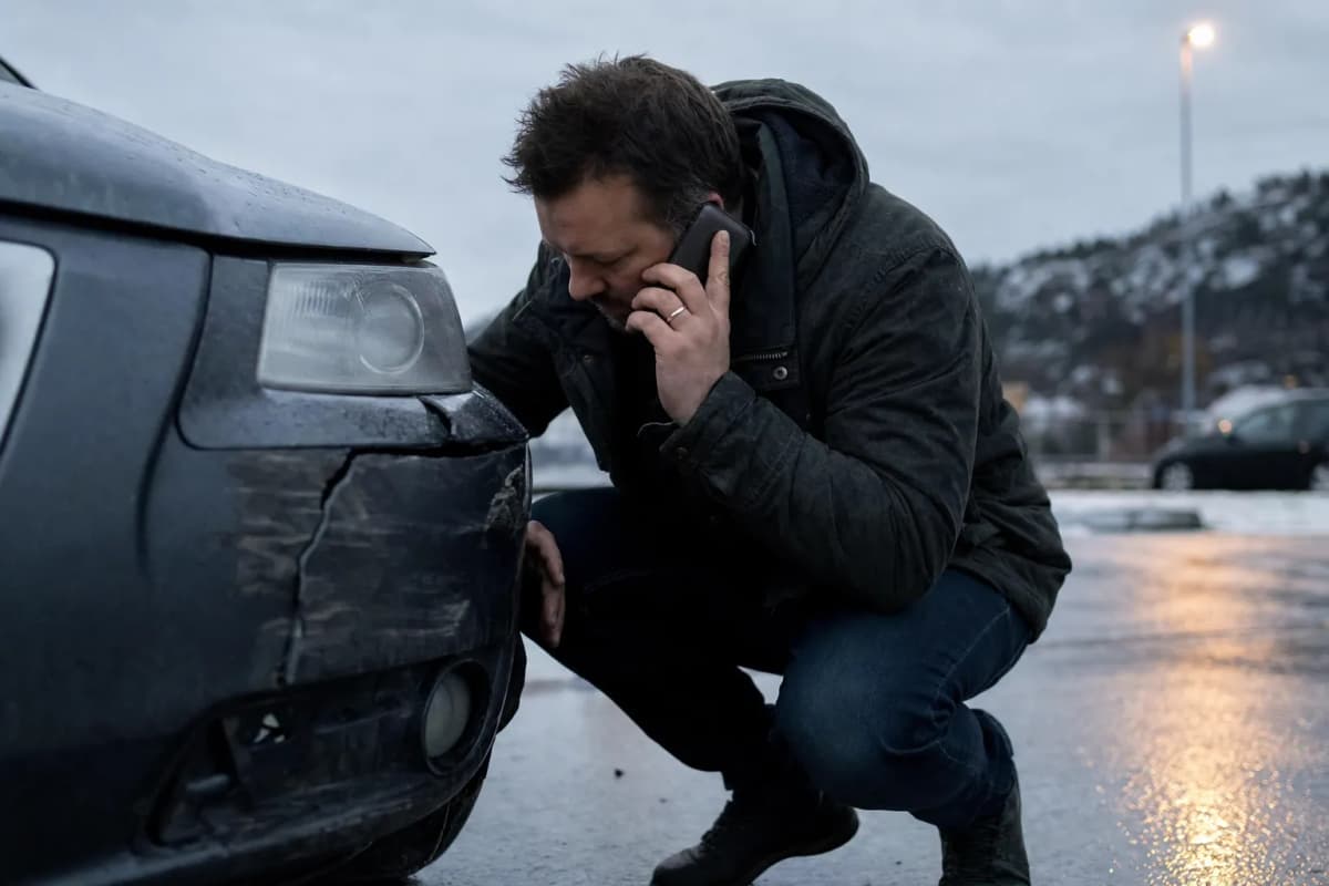 Bilist står ved en bulet kofanger med telefonen mod øret