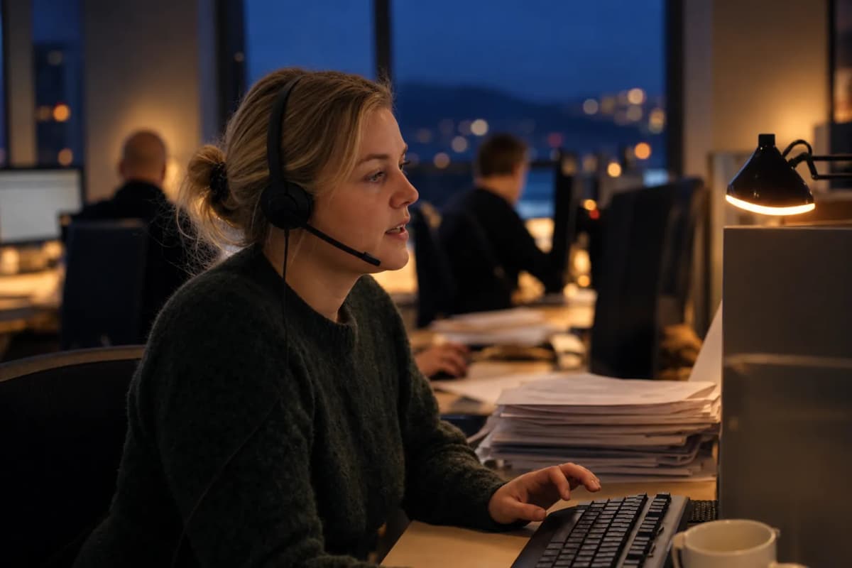 Medarbeider i et åpent kontorlandskap med hodetelefoner på