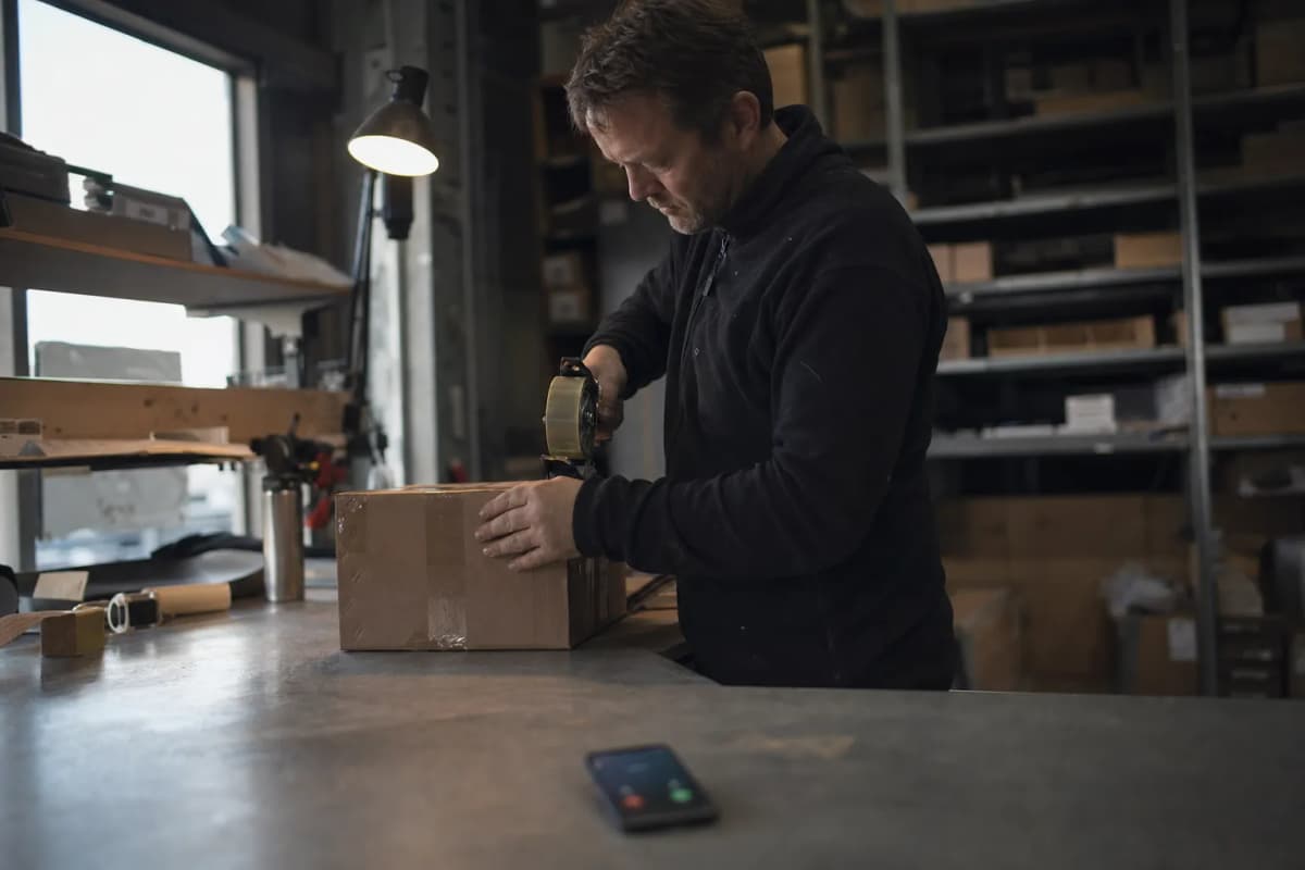 Medarbejder pakker ordrer på et lager, mens telefonen ligger på bordet