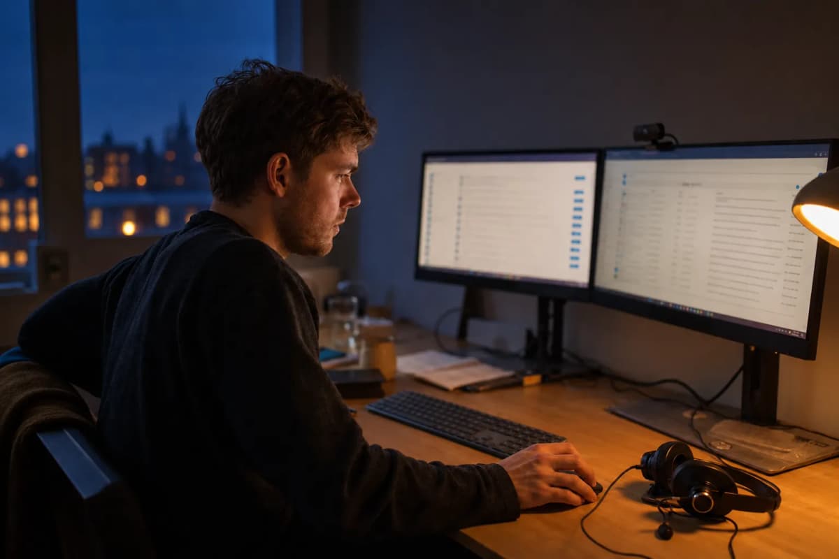 Kundeansvarlig foran to skjermer med et supportsystem oppe