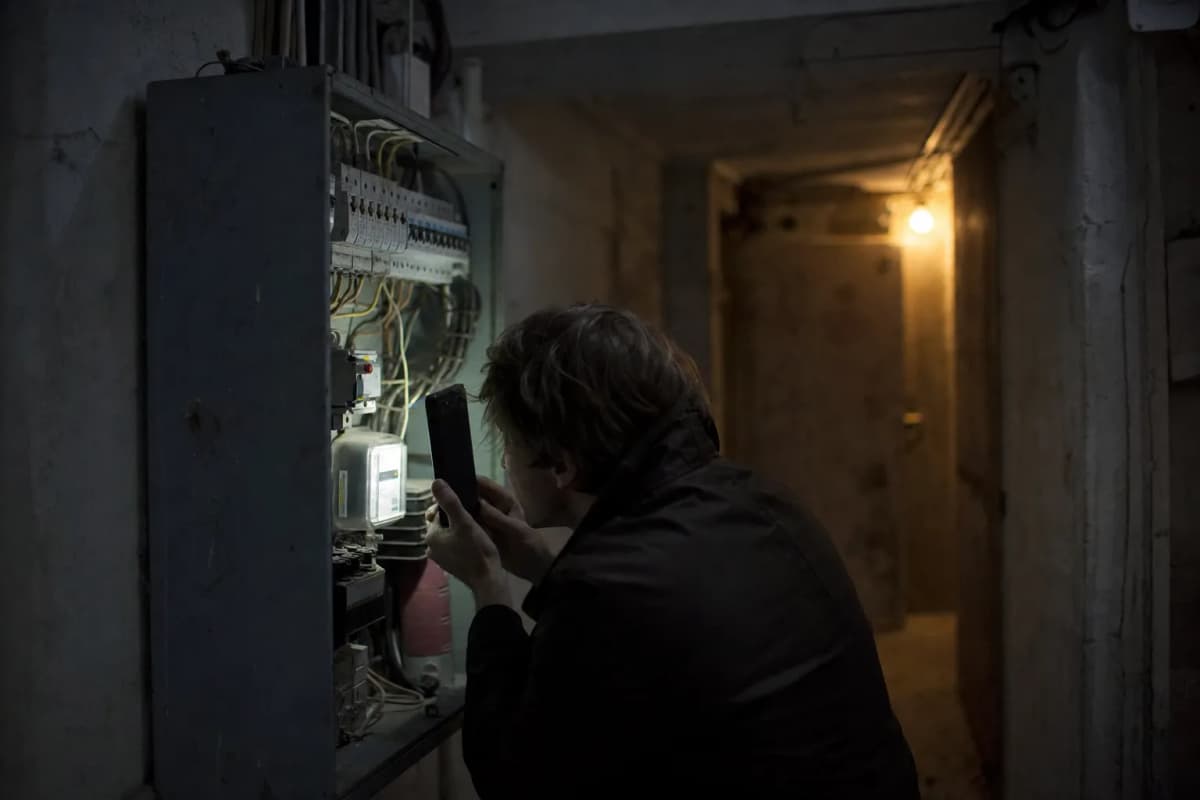 Elmåler i en eltavle fotograferet med lommelygte