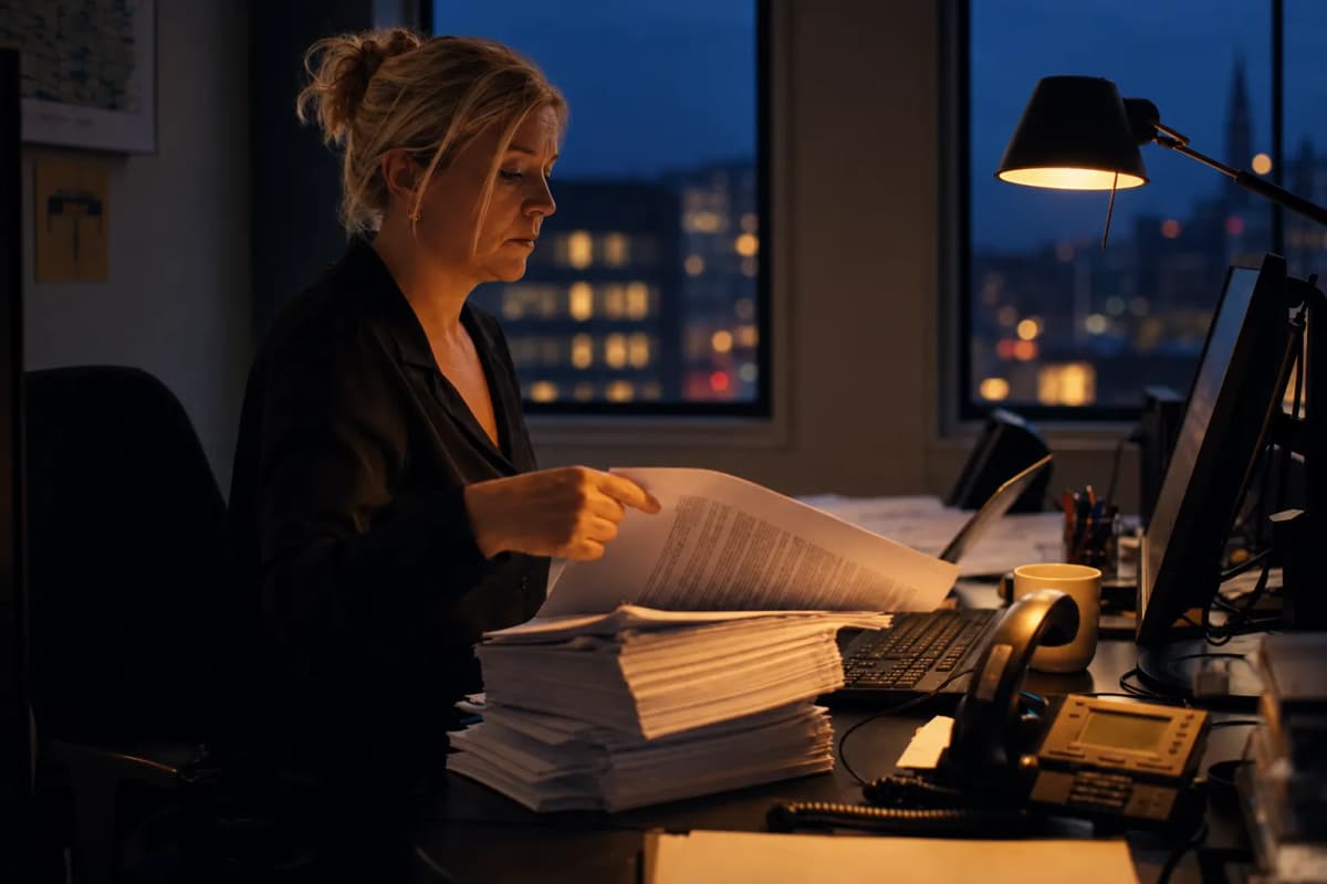 Rekrutterer ved et skrivebord med søknader og en telefon foran seg