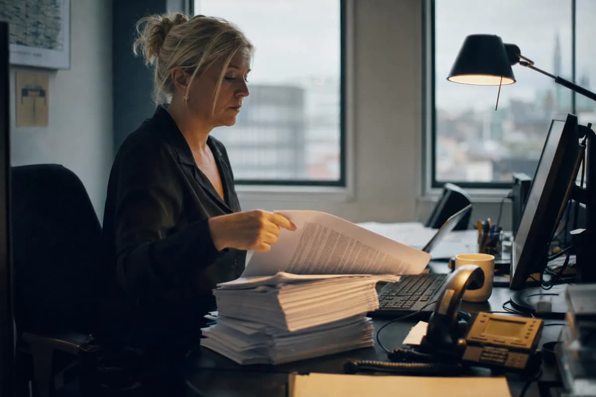 Rekrutterer ved et skrivebord med søknader og en telefon foran seg