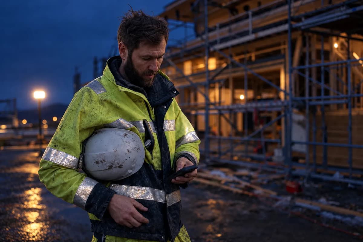Håndverker i arbeidsklær på en byggeplass med hjelm under armen