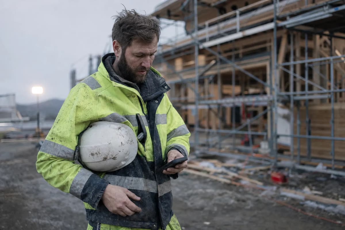 Håndverker i arbeidsklær på en byggeplass med hjelm under armen