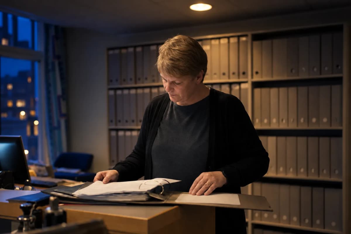 Ansatt i et kommunalt kontor ved en skranke med permer bak
