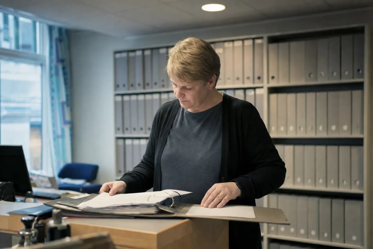Ansatt i et kommunalt kontor ved en skranke med permer bak