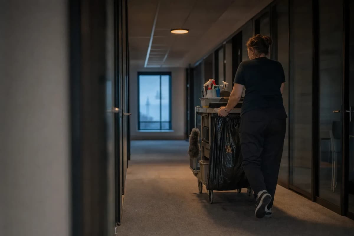 Renholder med tralle i en tom kontorgang tidlig om morgenen