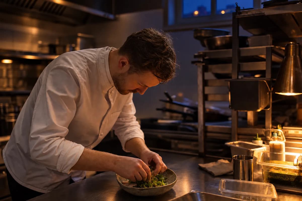 Kokk ved en benk på et restaurantkjøkken før servering