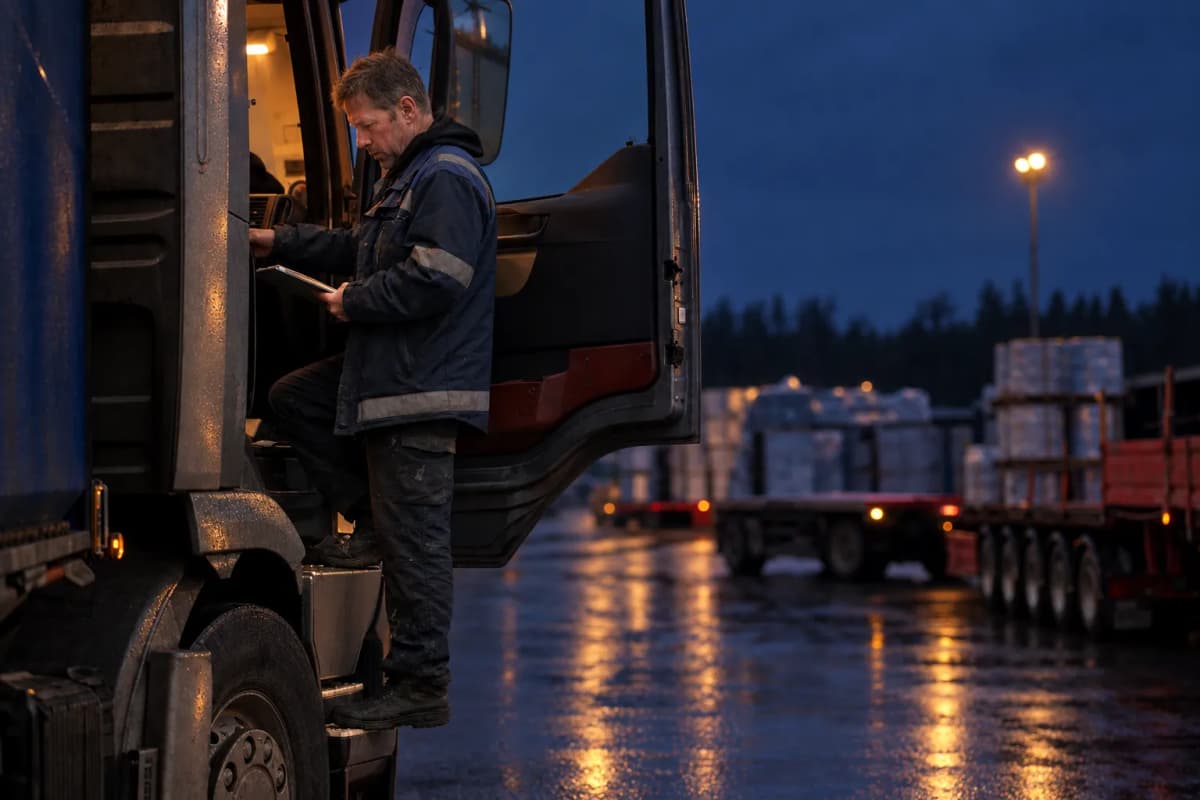 Sjåfør står ved førerdøra på en lastebil på en lasteplass