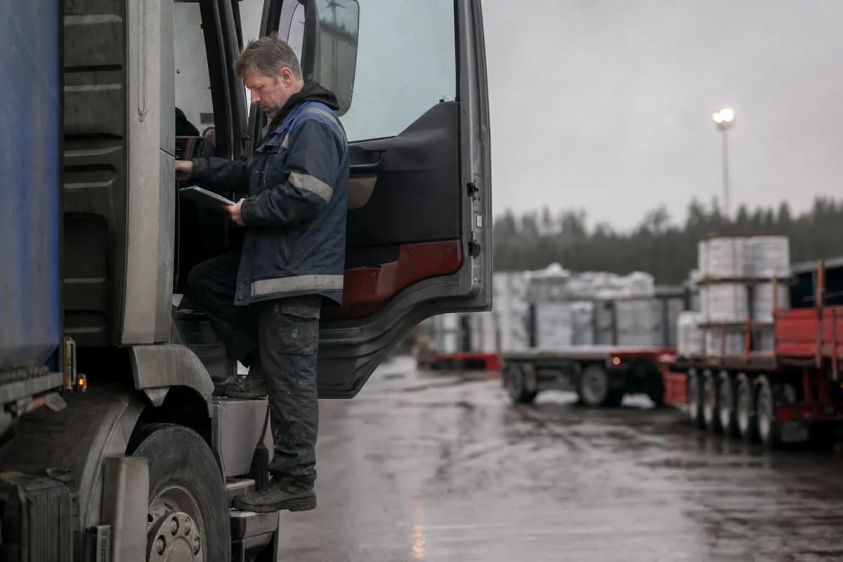 Sjåfør står ved førerdøra på en lastebil på en lasteplass