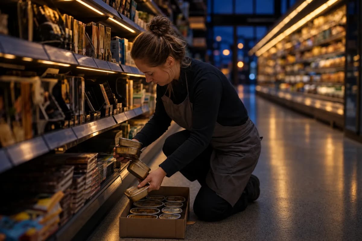Butikkmedarbeider fyller varer i en hylle i en dagligvarebutikk