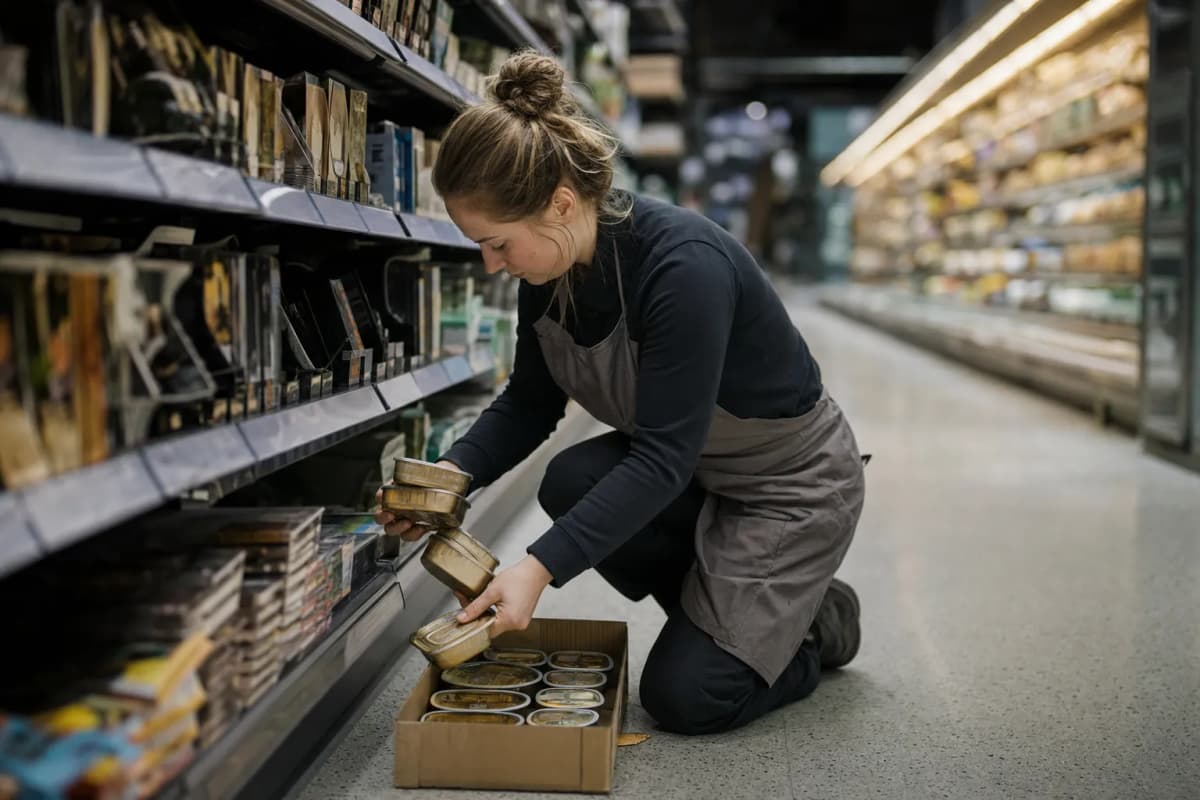 Butikkmedarbeider fyller varer i en hylle i en dagligvarebutikk