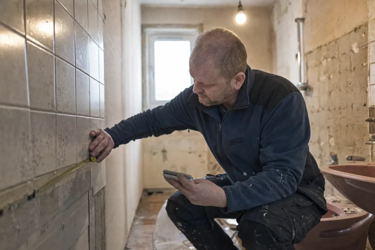 Håndværker med målebånd og notesblok i et badeværelse, der skal renoveres