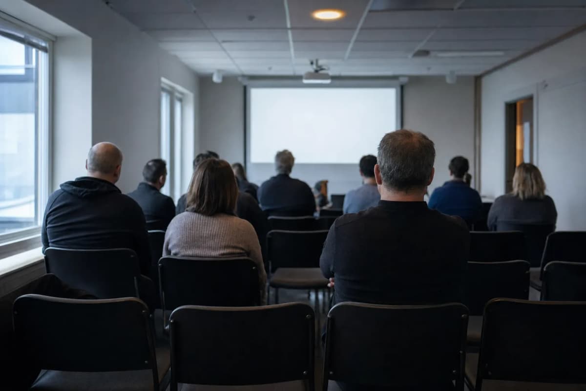 Kursuslokale med stole i rækker og en præsentation på skærmen