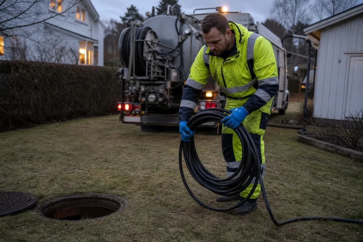 Spolningsoperatör rullar ut högtrycksslang vid en öppen brunn