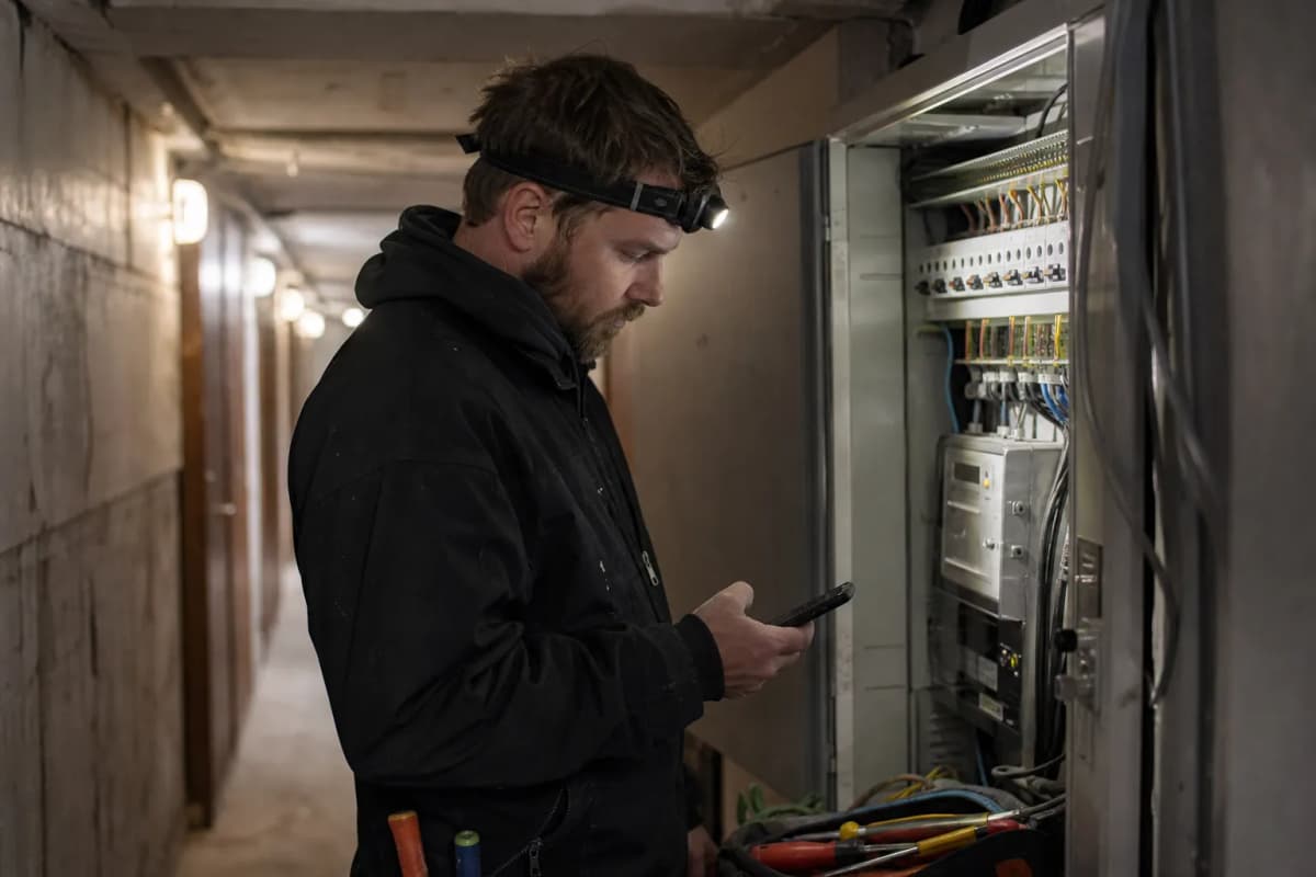 Elektriker med pannlampa framför ett öppet elskåp i en källare