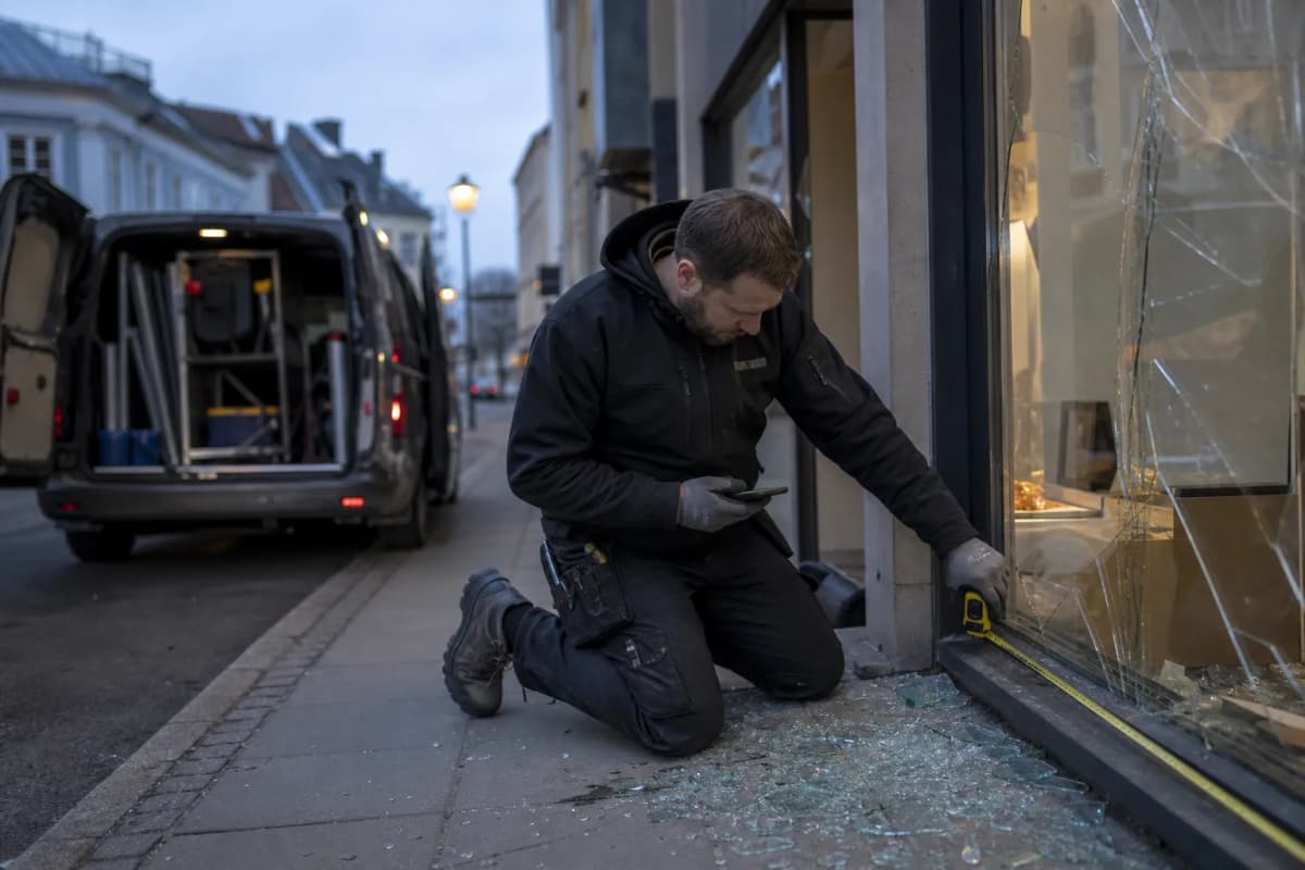 Glasmästare mäter upp en krossad butiksruta tidigt på morgonen
