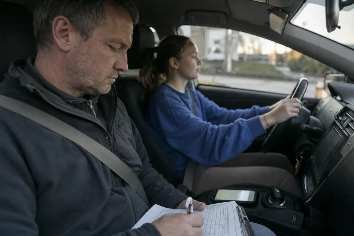 Trafiklärare i passagerarsätet bredvid en elev under en körlektion