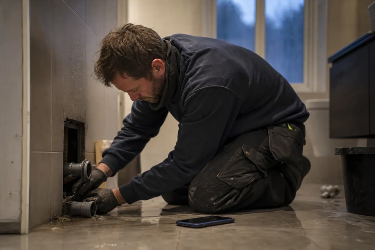 Rörmokare knäböjer på ett blött badrumsgolv vid ett öppet rör