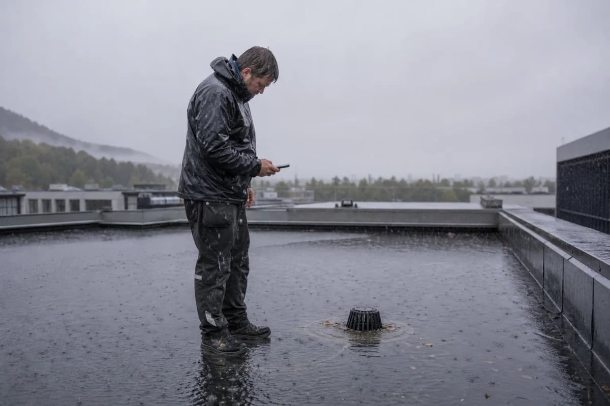Takläggare på ett platt tak i regn tittar på vatten vid en brunn
