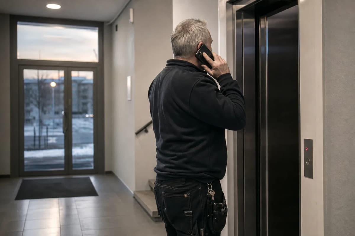 Fastighetsskötare framför en stannad hiss med mobilen mot örat