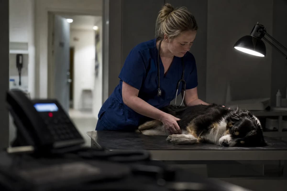 Veterinär undersöker en hund på bänken i en klinik på kvällen