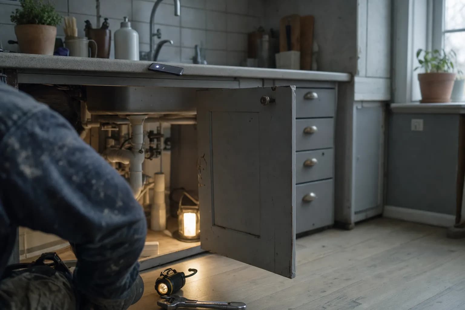Ett öppet skåp under en diskbänk med verktyg och en arbetslampa på golvet, rörmokaren ur fokus i bildkanten, och telefonen som lyser obesvarad på bänkskivan ovanför