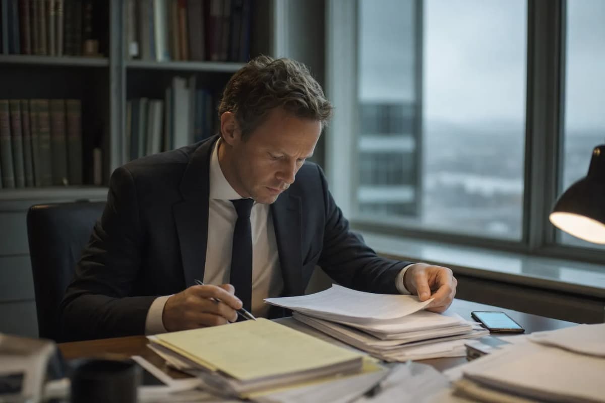 Advokat ved et mødebord med dokumenter og en telefon ved siden af