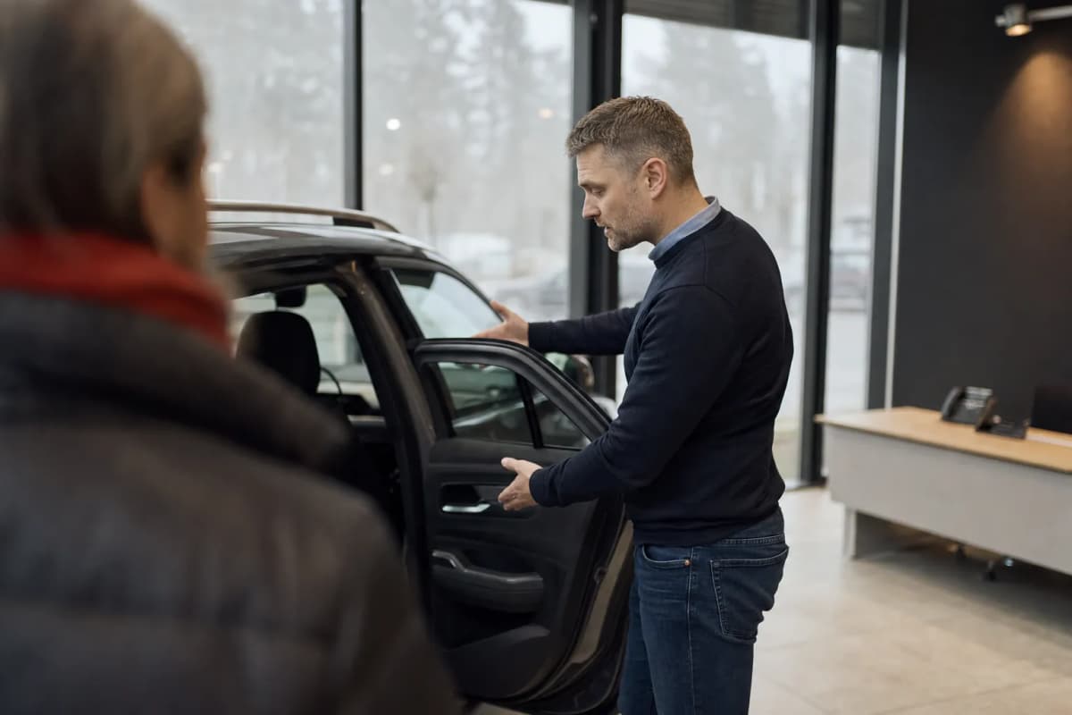 Sælger taler med en kunde ved en bil i et lyst udstillingslokale