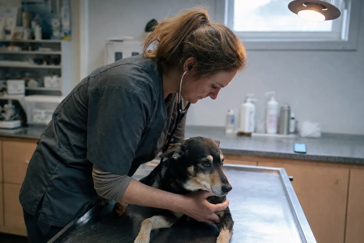Dyrlæge undersøger en hund på bordet, mens telefonen ligger på skrivebordet