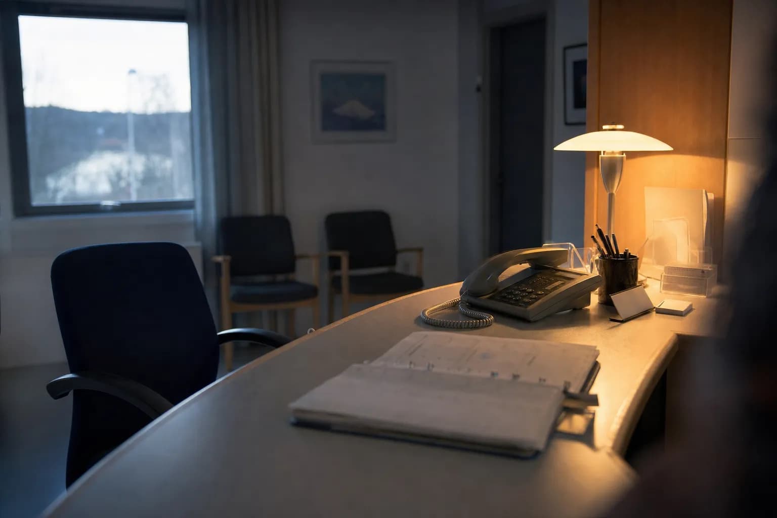 En tom receptionsskranke, hvor telefonen blinker med et indgående opkald, mens to besøgende venter i stolene ved siden af