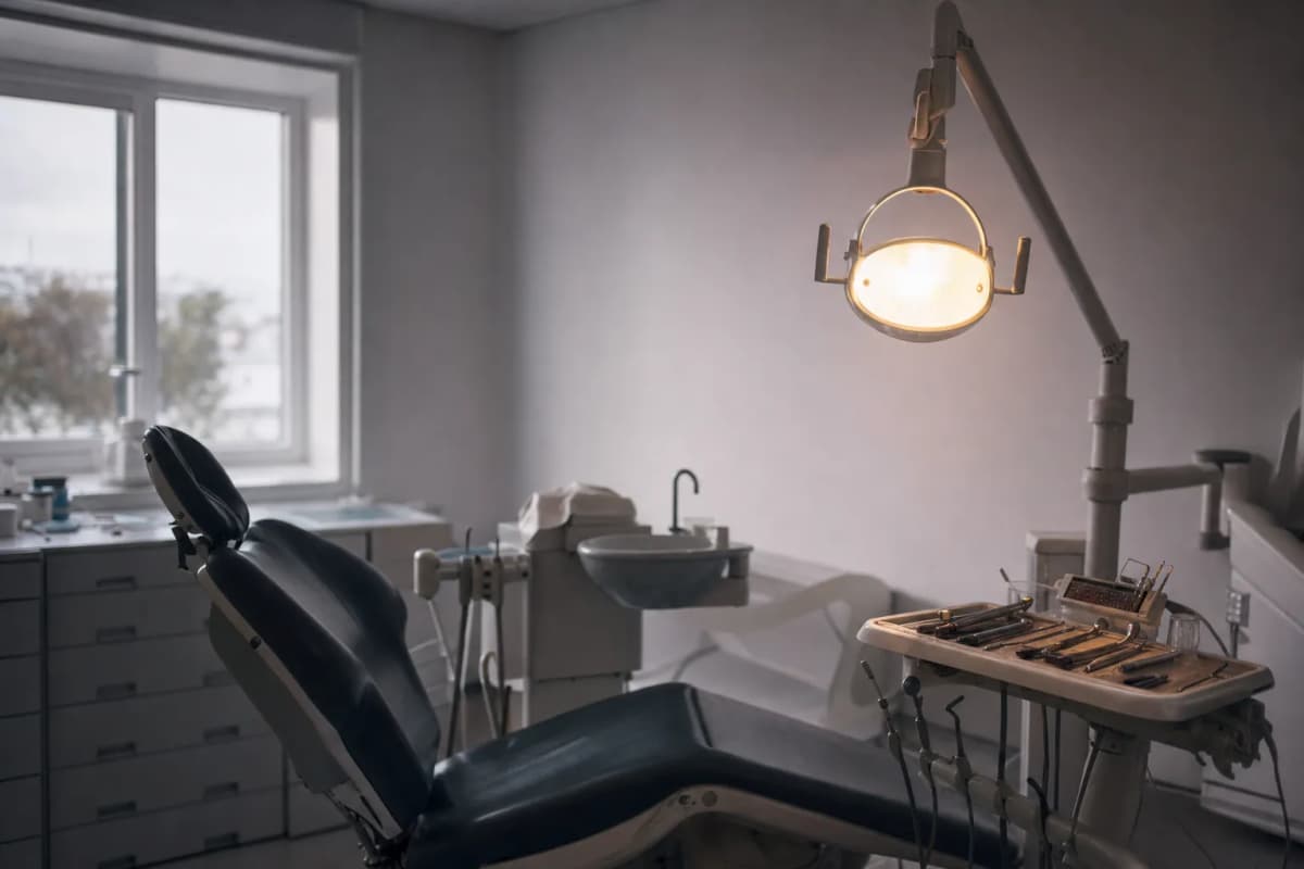 Tom behandlingsstol i en tandklinik med instrumenterne lagt klar