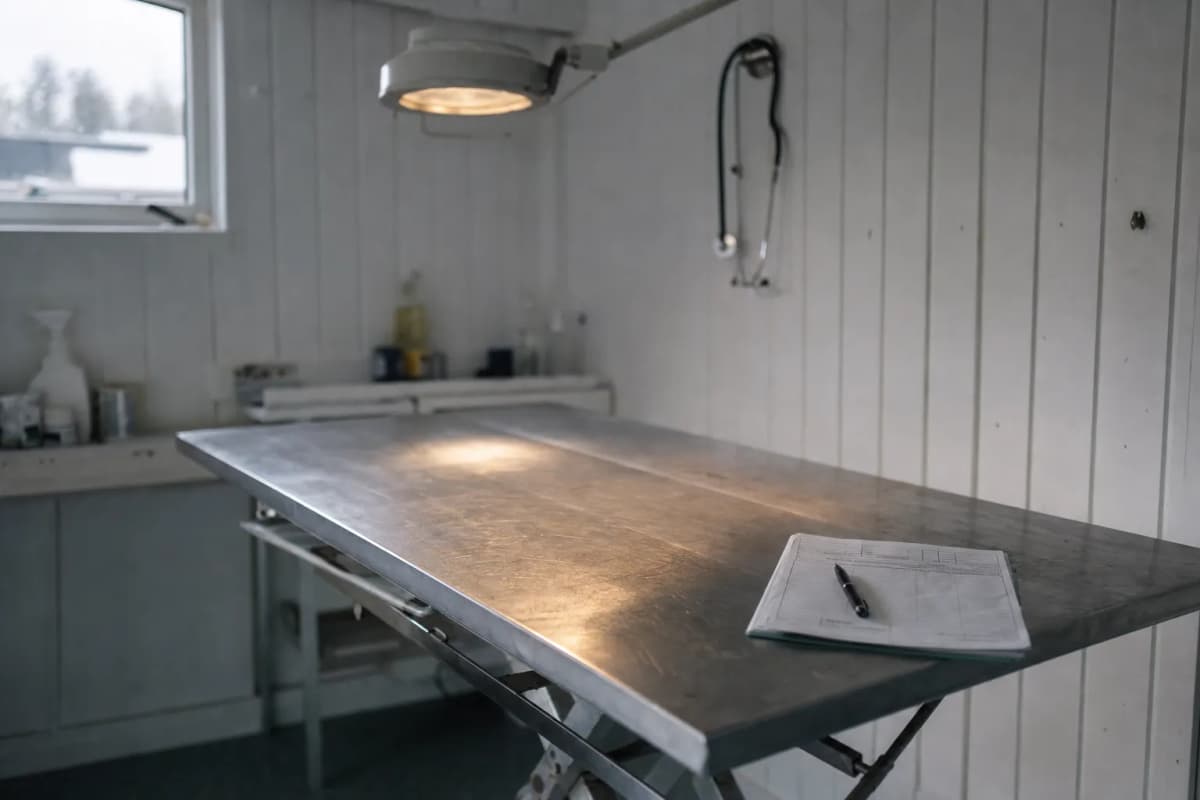 Undersøgelsesbord på en dyreklinik med en journal liggende klar