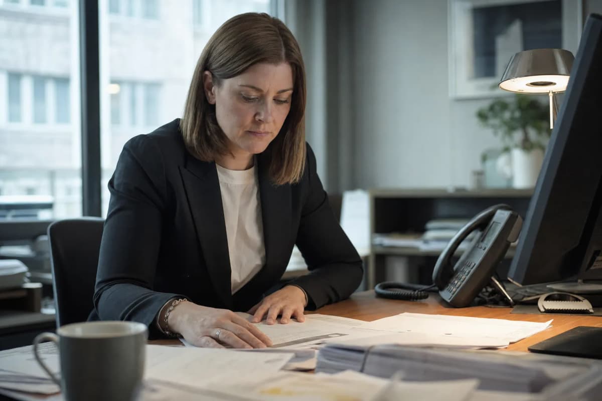 Rådgiver ved et skrivebord med dokumenter og en telefon liggende klar