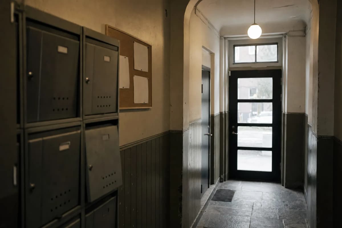 Opgang i en ejendom med postkasser og en opslagstavle
