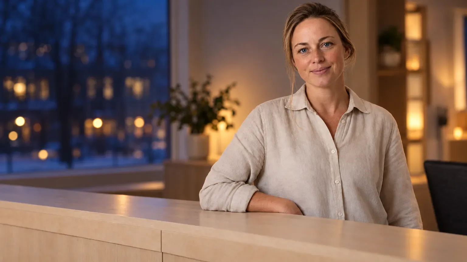 Thea, Thrells AI-receptionist, bakom receptionsdisken